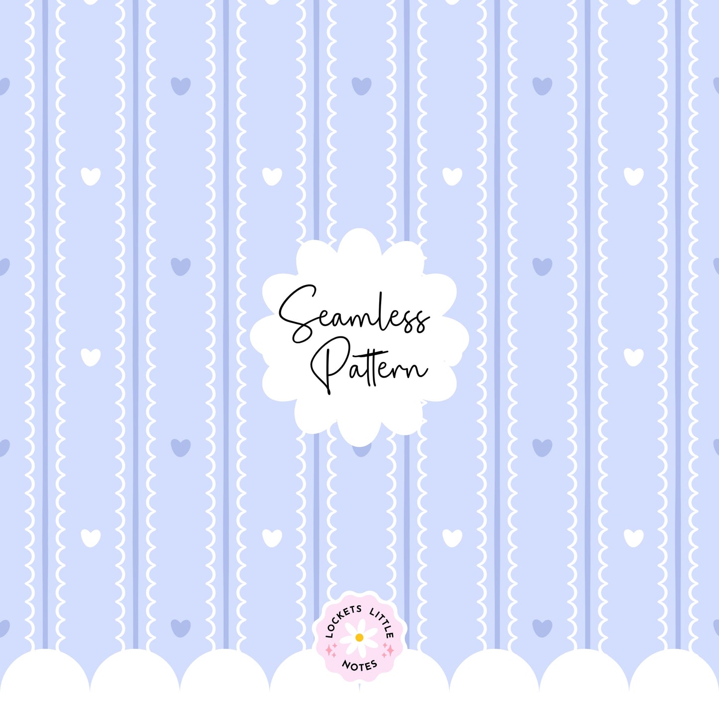 Pastel Blue Seamless Pattern PNG, White Scallop Stripes & Blue Pinstripe Fabric Design, Cute Heart Digital Paper, Coquette Commercial Use