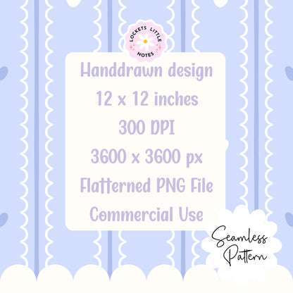 Pastel Blue Seamless Pattern PNG, White Scallop Stripes & Blue Pinstripe Fabric Design, Cute Heart Digital Paper, Coquette Commercial Use