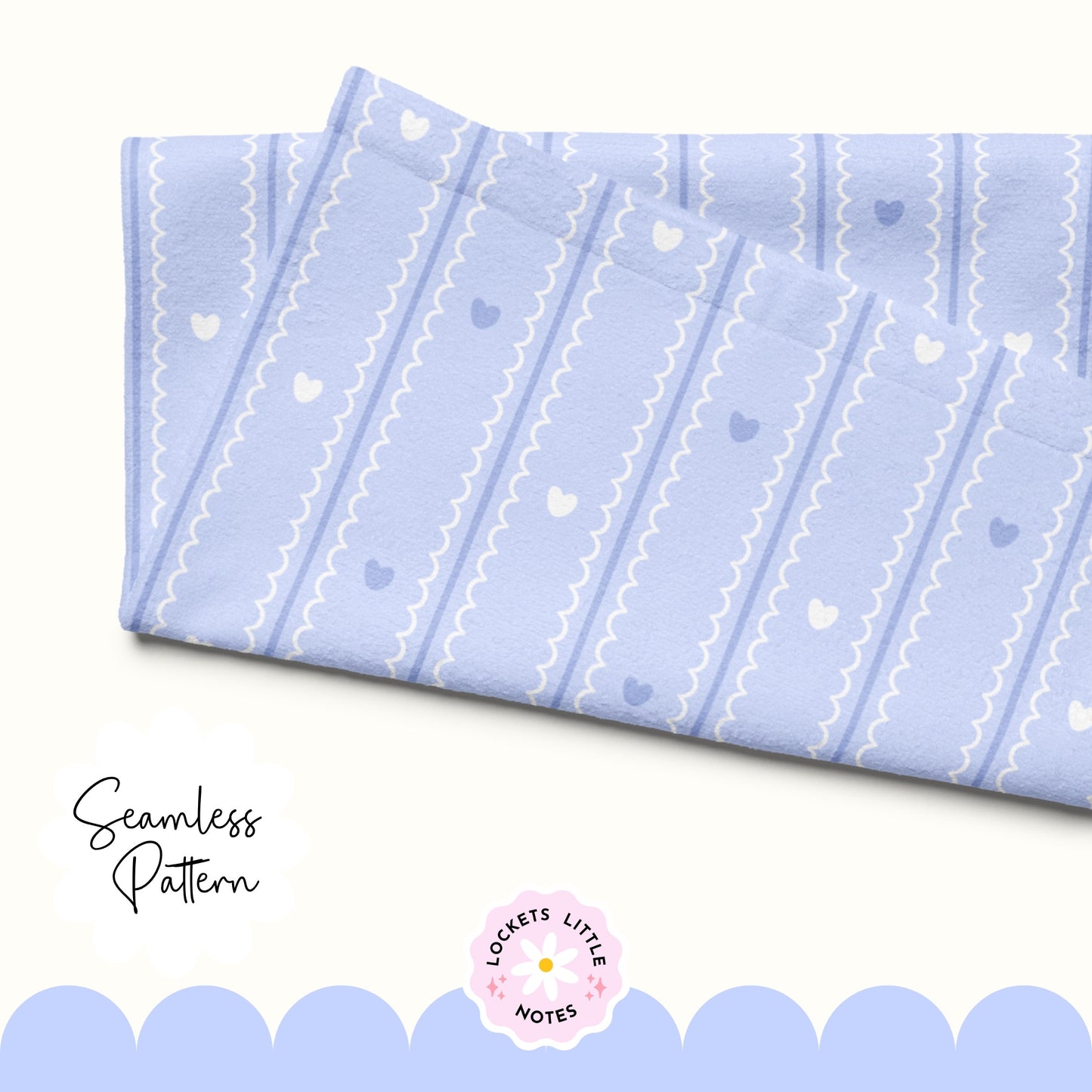 Pastel Blue Seamless Pattern PNG, White Scallop Stripes & Blue Pinstripe Fabric Design, Cute Heart Digital Paper, Coquette Commercial Use