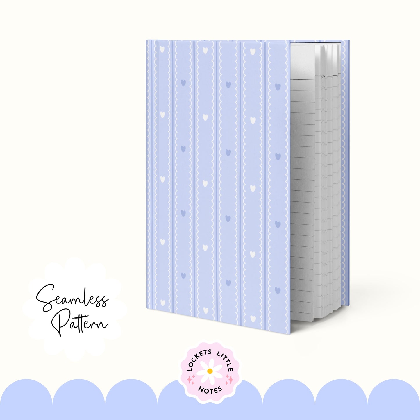 Pastel Blue Seamless Pattern PNG, White Scallop Stripes & Blue Pinstripe Fabric Design, Cute Heart Digital Paper, Coquette Commercial Use
