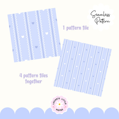 Pastel Blue Seamless Pattern PNG, White Scallop Stripes & Blue Pinstripe Fabric Design, Cute Heart Digital Paper, Coquette Commercial Use