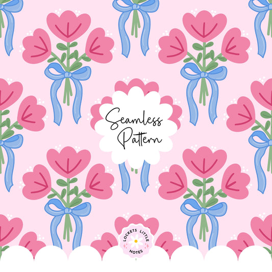 Bold Floral Seamless Pattern PNG, Fairytale Bouquet with Blue Ribbon Fabric Design, Large Floral Paper, Whimsical Cottagecore Commercial Use