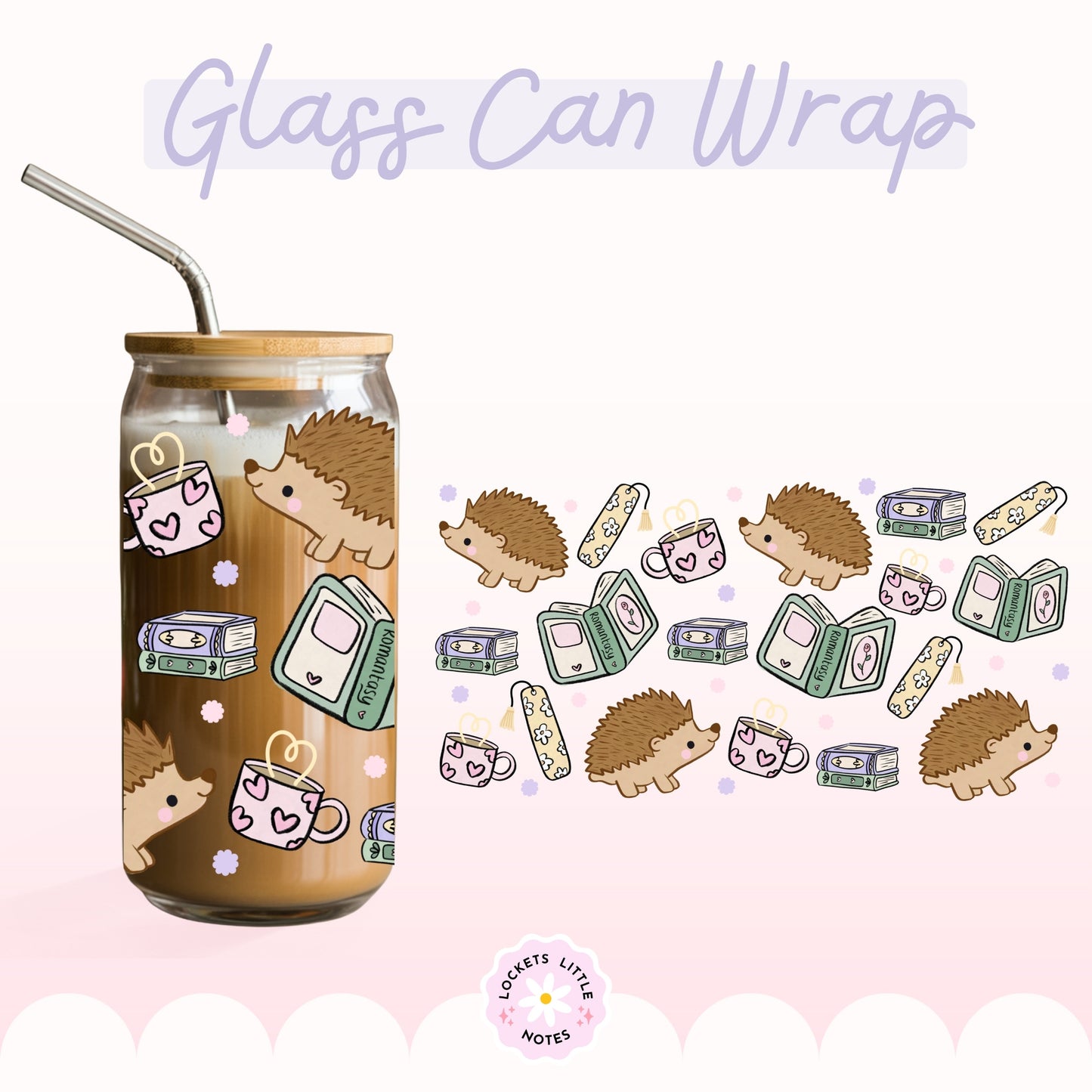 Whimsical Hedgehog Bookish Glass Can Wrap PNG, Cute Book Stack Design, Reading 16oz Libbey Template, 2 Files POD, Digital Download