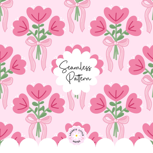 Bold Floral Seamless Pattern PNG, Fairytale Bouquet with Pink Ribbon Fabric Design, Large Floral Paper, Whimsical Cottagecore Commercial Use