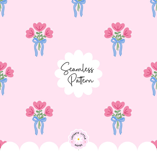 Small Floral Seamless Pattern PNG, Fairytale Bouquet with Blue Ribbon Fabric Design,  Floral Paper, Whimsical Cottagecore Commercial Use
