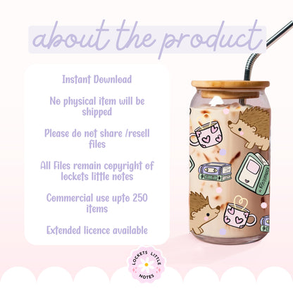 Whimsical Hedgehog Bookish Glass Can Wrap PNG, Cute Book Stack Design, Reading 16oz Libbey Template, 2 Files POD, Digital Download