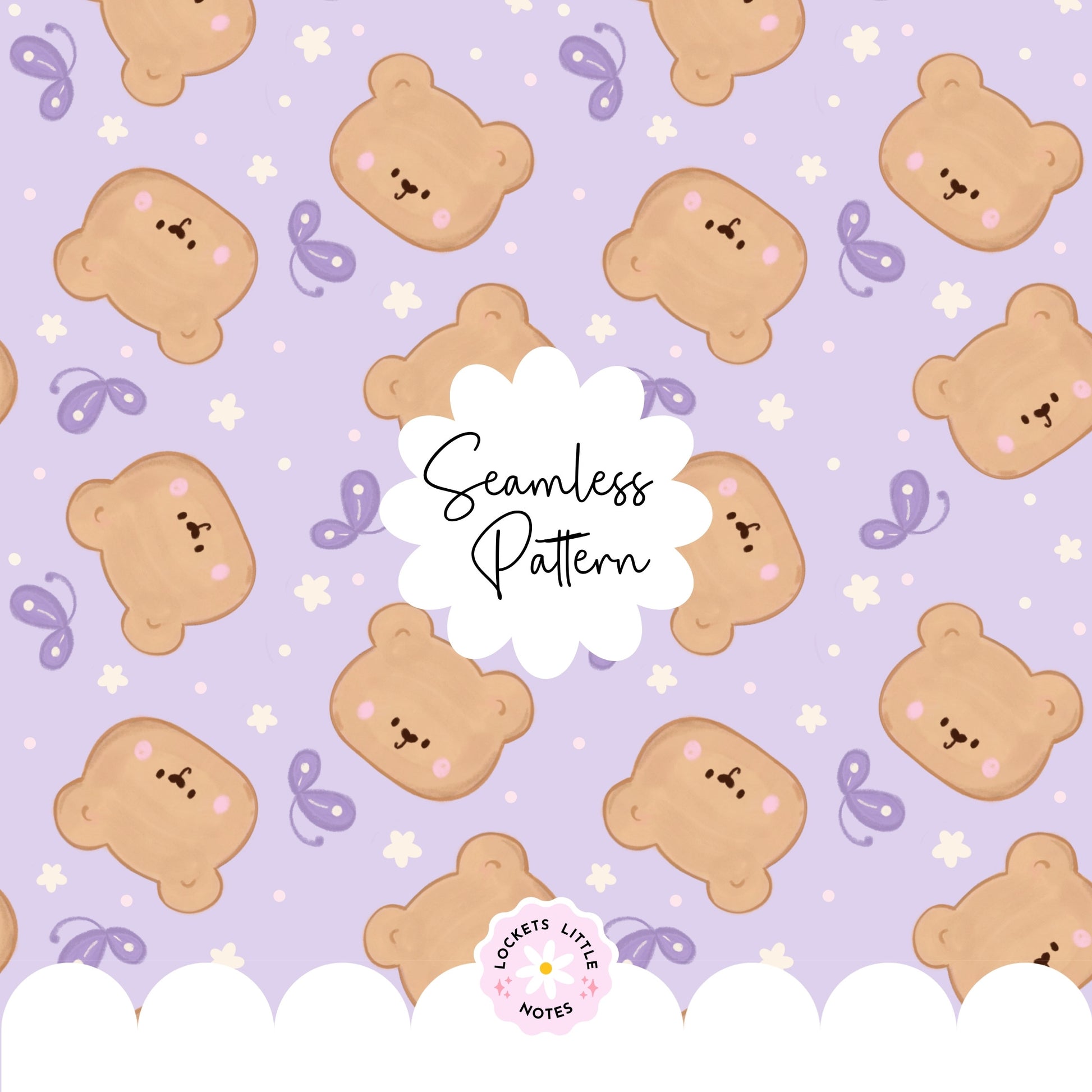 Seamless scatter pattern featuring cute hand-drawn bears and fluttering butterflies on a deep purple background.