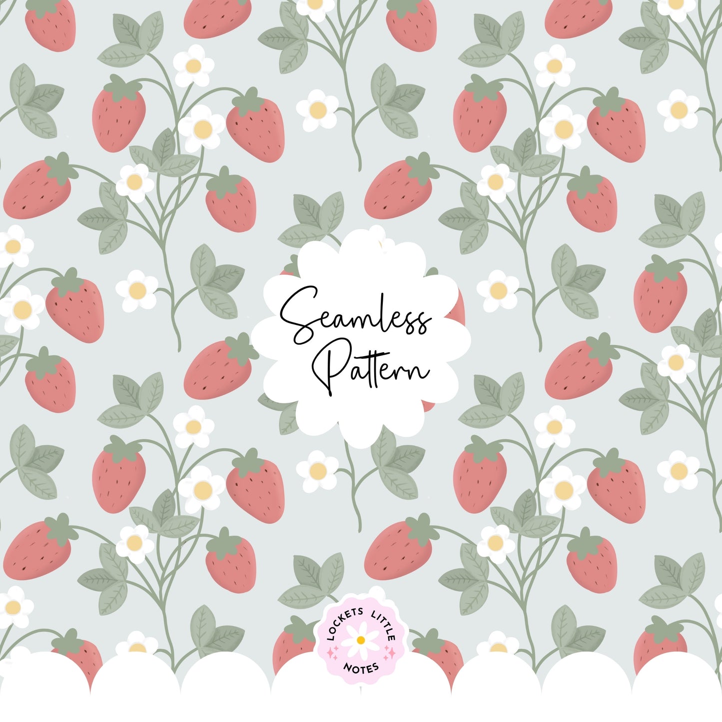 "Seamless Regency strawberry vine pattern with white flowers on a pale sage green background, vintage stately home wallpaper aesthetic."