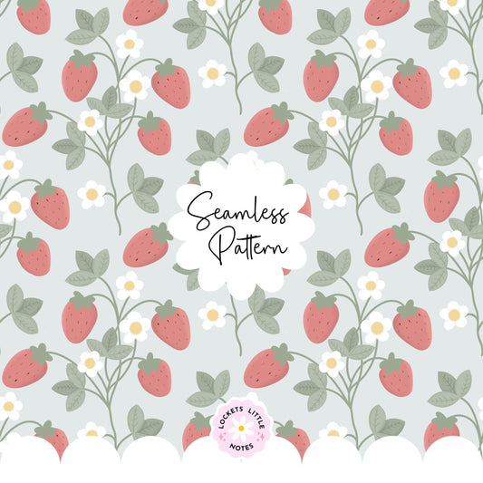 "Seamless Regency strawberry vine pattern with white flowers on a pale sage green background, vintage stately home wallpaper aesthetic."