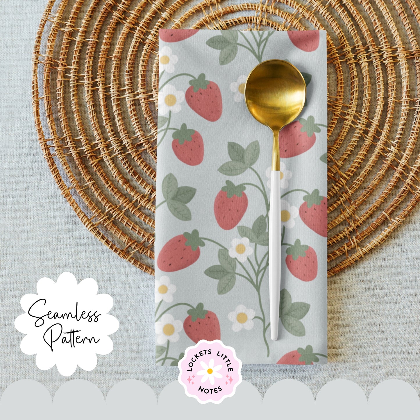 "Seamless Regency strawberry vine pattern with white flowers on a pale sage green background, vintage stately home wallpaper aesthetic."