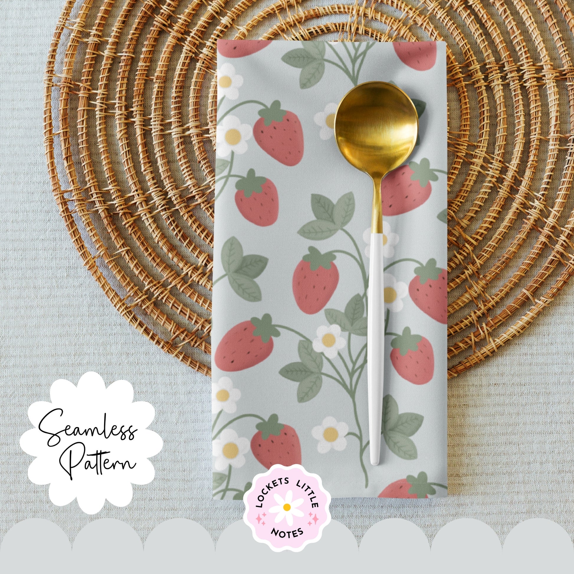 "Seamless Regency strawberry vine pattern with white flowers on a pale sage green background, vintage stately home wallpaper aesthetic."