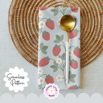 "Seamless Regency strawberry vine pattern with white flowers on a pale sage green background, vintage stately home wallpaper aesthetic."