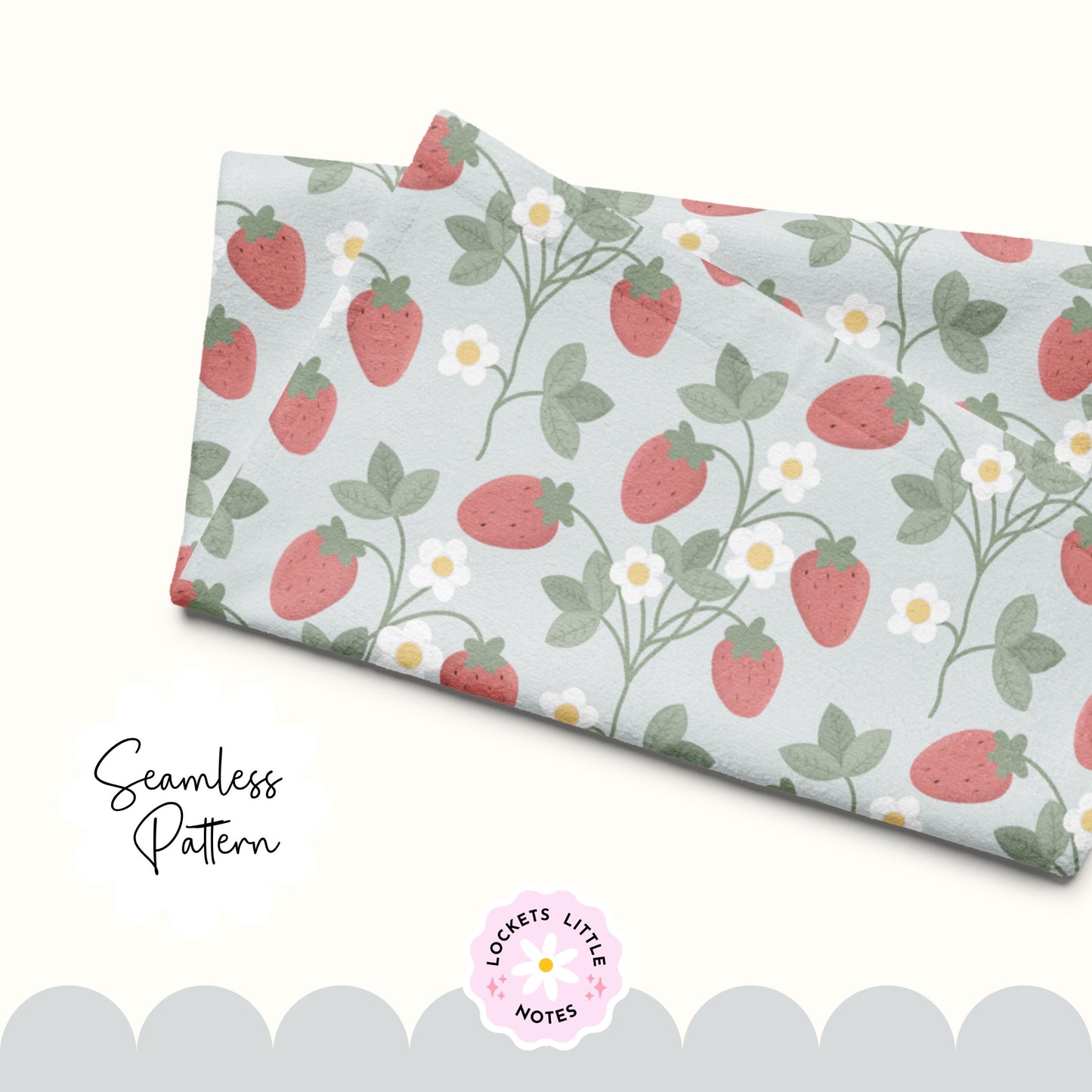 "Seamless Regency strawberry vine pattern with white flowers on a pale sage green background, vintage stately home wallpaper aesthetic."