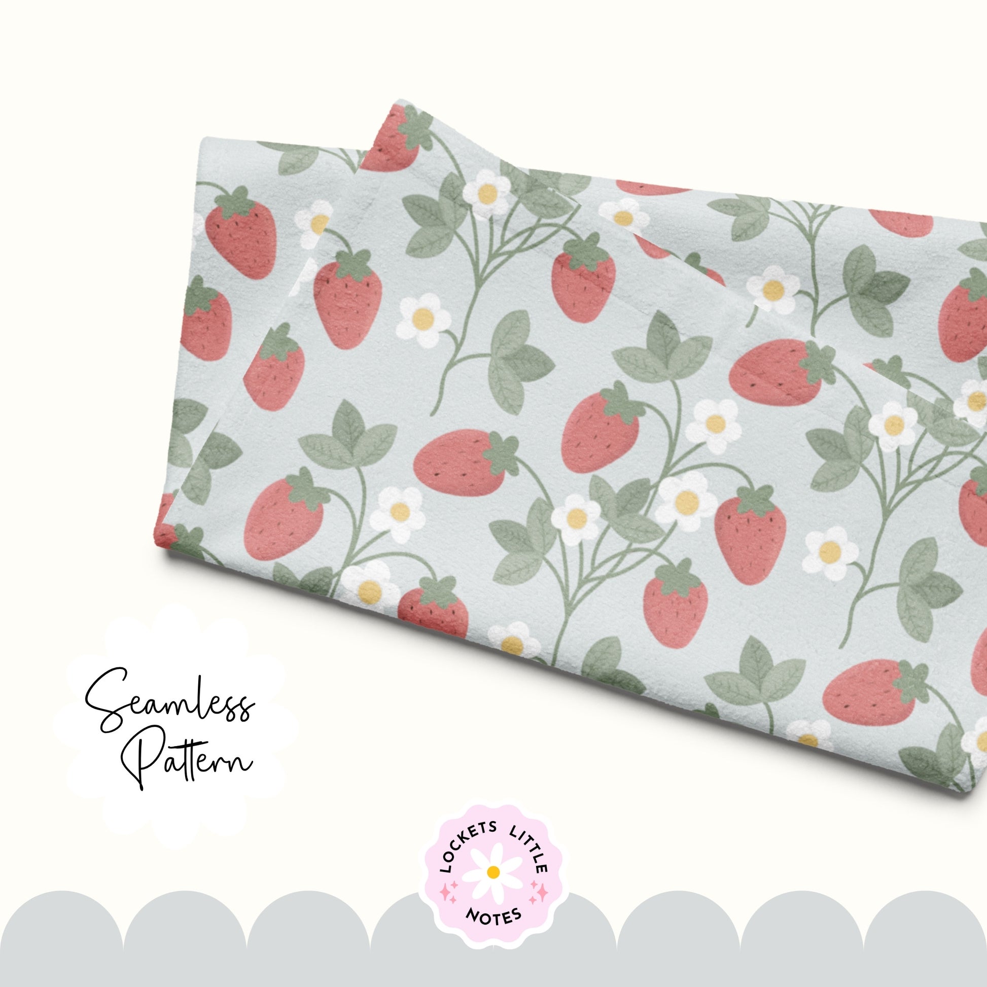 "Seamless Regency strawberry vine pattern with white flowers on a pale sage green background, vintage stately home wallpaper aesthetic."