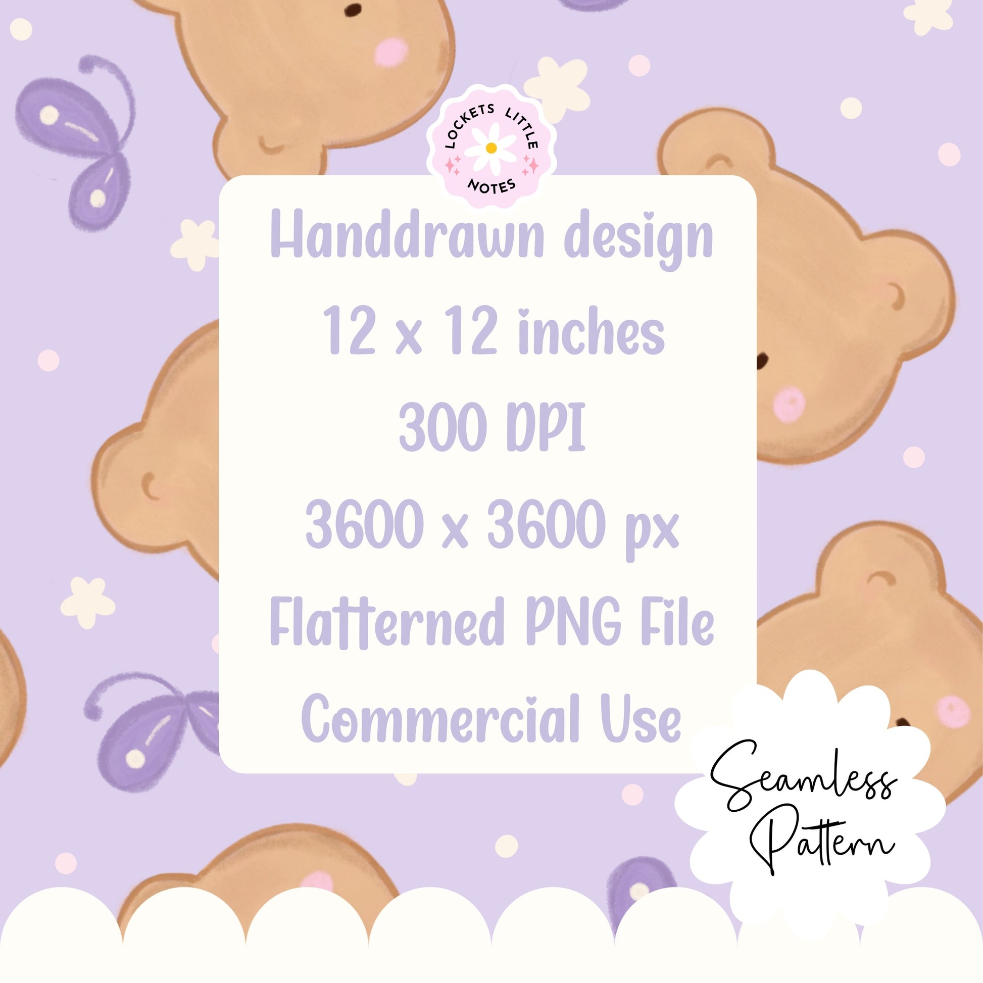 Seamless scatter pattern featuring cute hand-drawn bears and fluttering butterflies on a pretty lilac purple background.