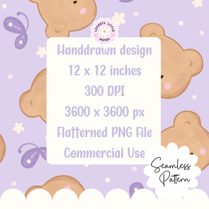 Seamless scatter pattern featuring cute hand-drawn bears and fluttering butterflies on a pretty lilac purple background.