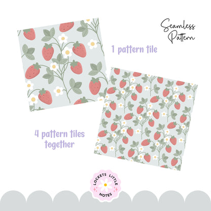 "Seamless Regency strawberry vine pattern with white flowers on a pale sage green background, vintage stately home wallpaper aesthetic."