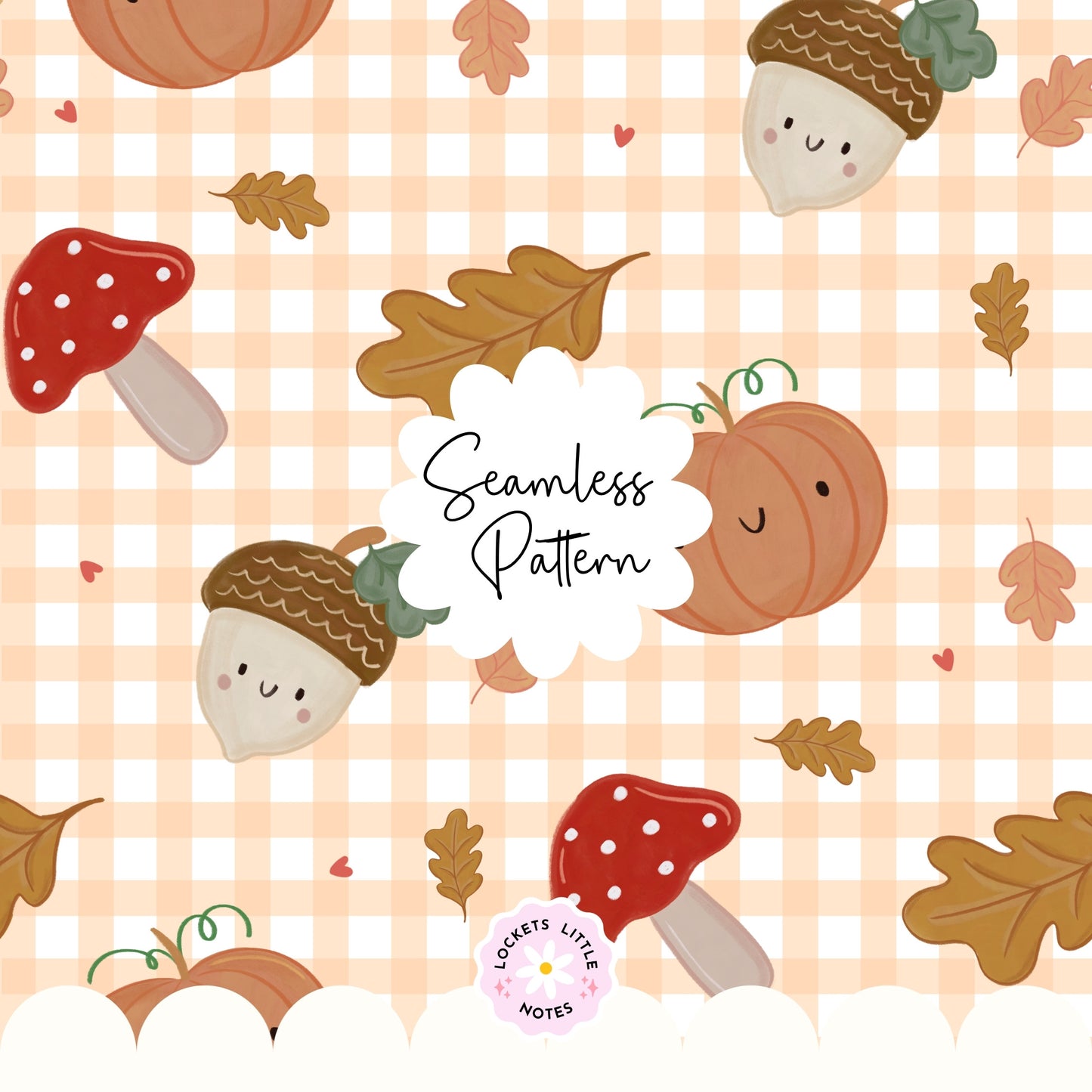 Autumn Orange Gingham Seamless Pattern PNG | Cozy Fall Pumpkin & Toadstool Digital Paper | Watercolor Mushroom Acorn Woodland Surface Design