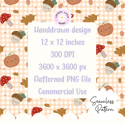Autumn Orange Gingham Seamless Pattern PNG | Cozy Fall Pumpkin & Toadstool Digital Paper | Watercolor Mushroom Acorn Woodland Surface Design
