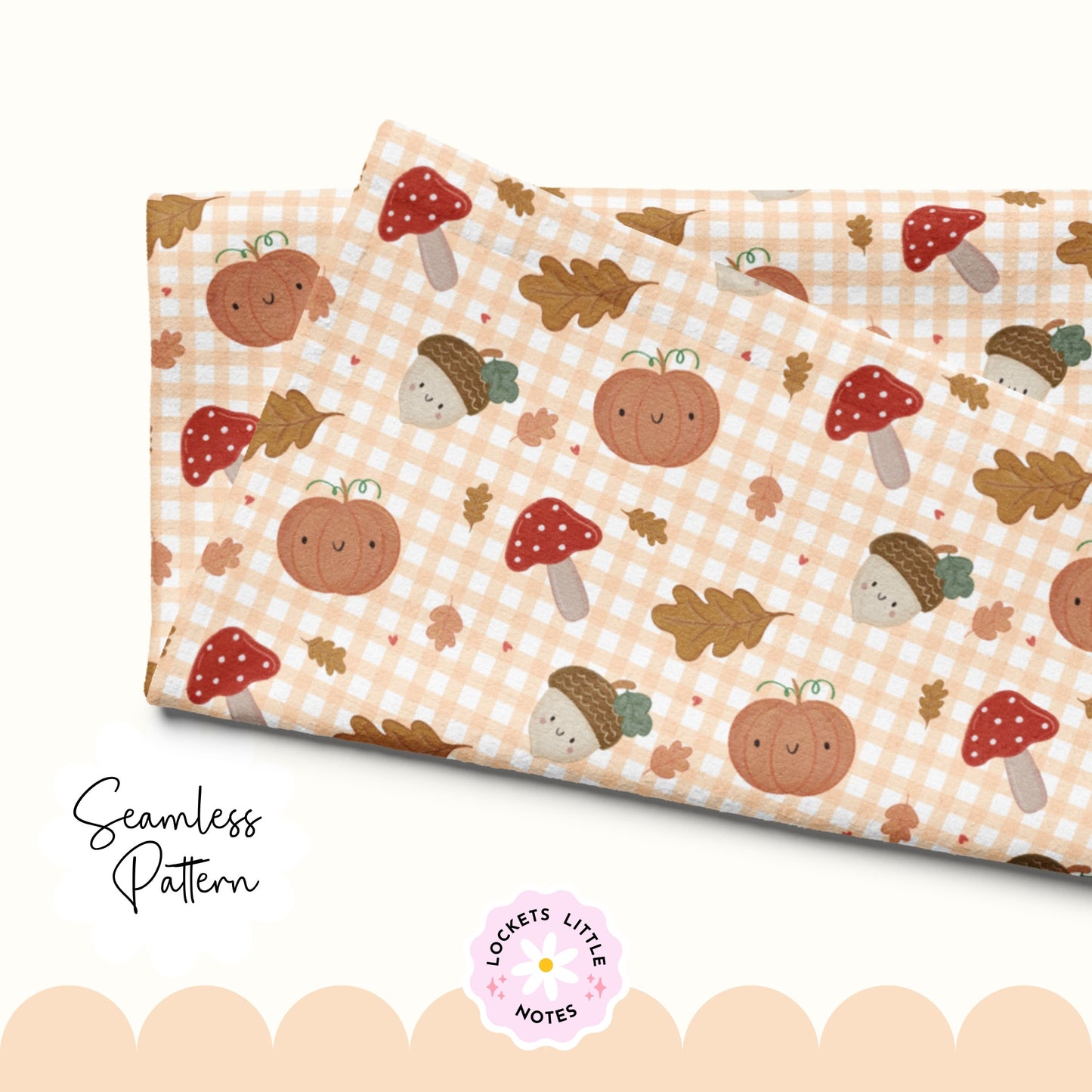 Autumn Orange Gingham Seamless Pattern PNG | Cozy Fall Pumpkin & Toadstool Digital Paper | Watercolor Mushroom Acorn Woodland Surface Design