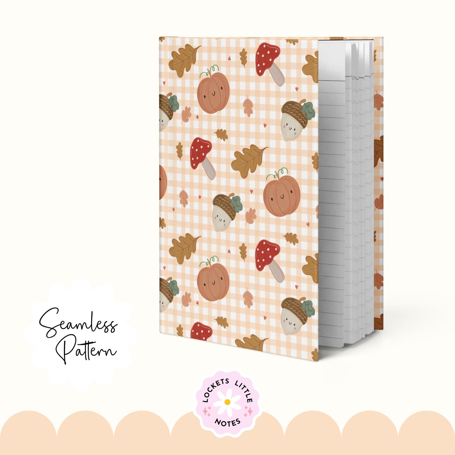 Autumn Orange Gingham Seamless Pattern PNG | Cozy Fall Pumpkin & Toadstool Digital Paper | Watercolor Mushroom Acorn Woodland Surface Design