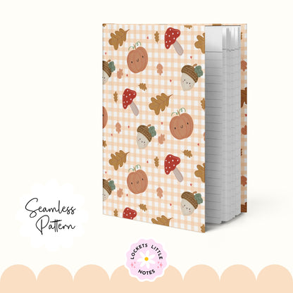 Autumn Orange Gingham Seamless Pattern PNG | Cozy Fall Pumpkin & Toadstool Digital Paper | Watercolor Mushroom Acorn Woodland Surface Design
