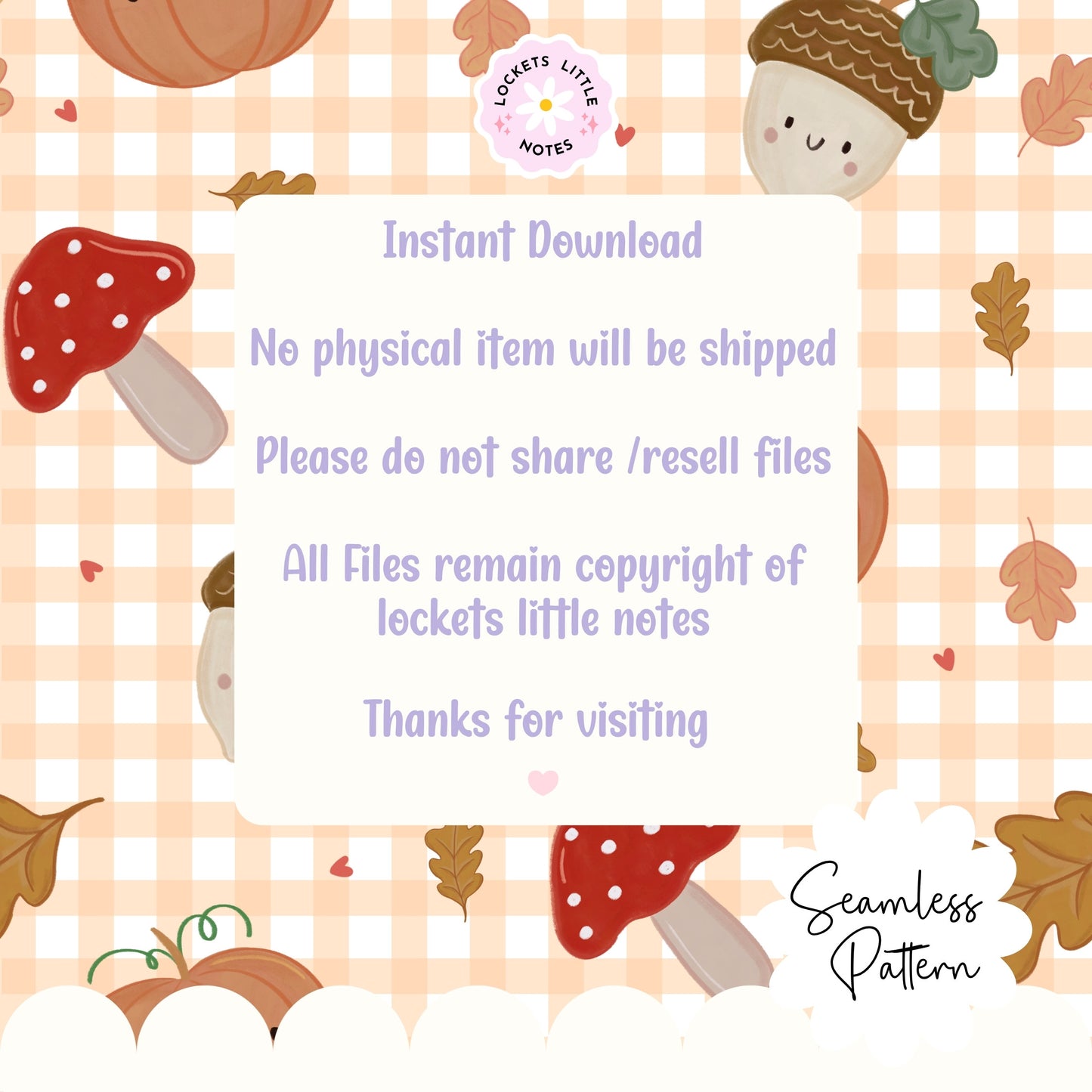 Autumn Orange Gingham Seamless Pattern PNG | Cozy Fall Pumpkin & Toadstool Digital Paper | Watercolor Mushroom Acorn Woodland Surface Design