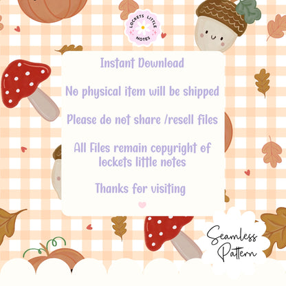 Autumn Orange Gingham Seamless Pattern PNG | Cozy Fall Pumpkin & Toadstool Digital Paper | Watercolor Mushroom Acorn Woodland Surface Design