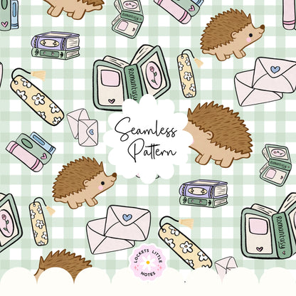 Cute Bookish Hedgehog Seamless Pattern | Green Gingham Library Book Stack Fabric Design | Digital Paper PNG | Digital Download
