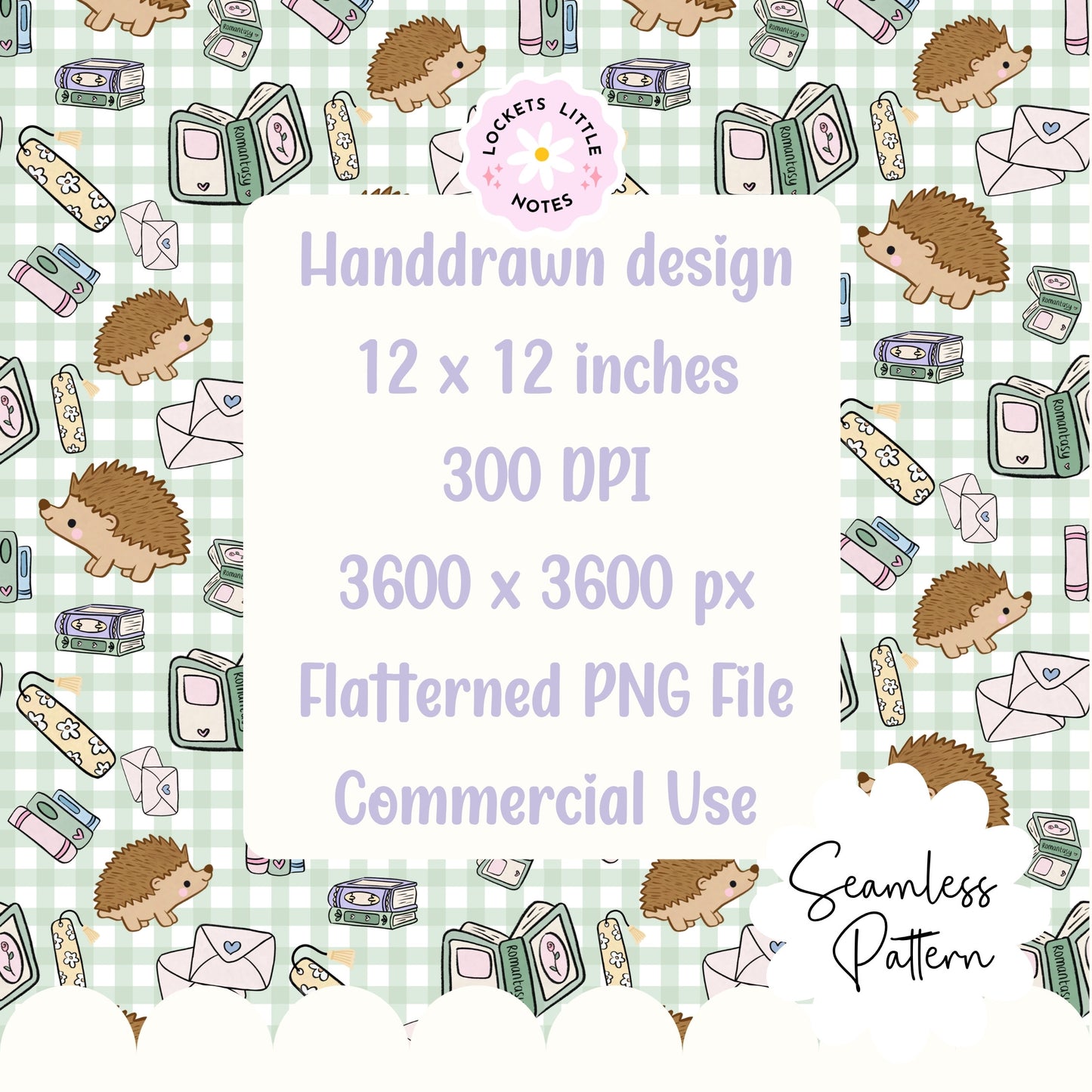 Cute Bookish Hedgehog Seamless Pattern | Green Gingham Library Book Stack Fabric Design | Digital Paper PNG | Digital Download