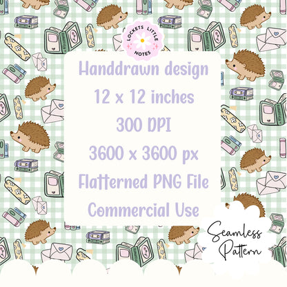 Cute Bookish Hedgehog Seamless Pattern | Green Gingham Library Book Stack Fabric Design | Digital Paper PNG | Digital Download