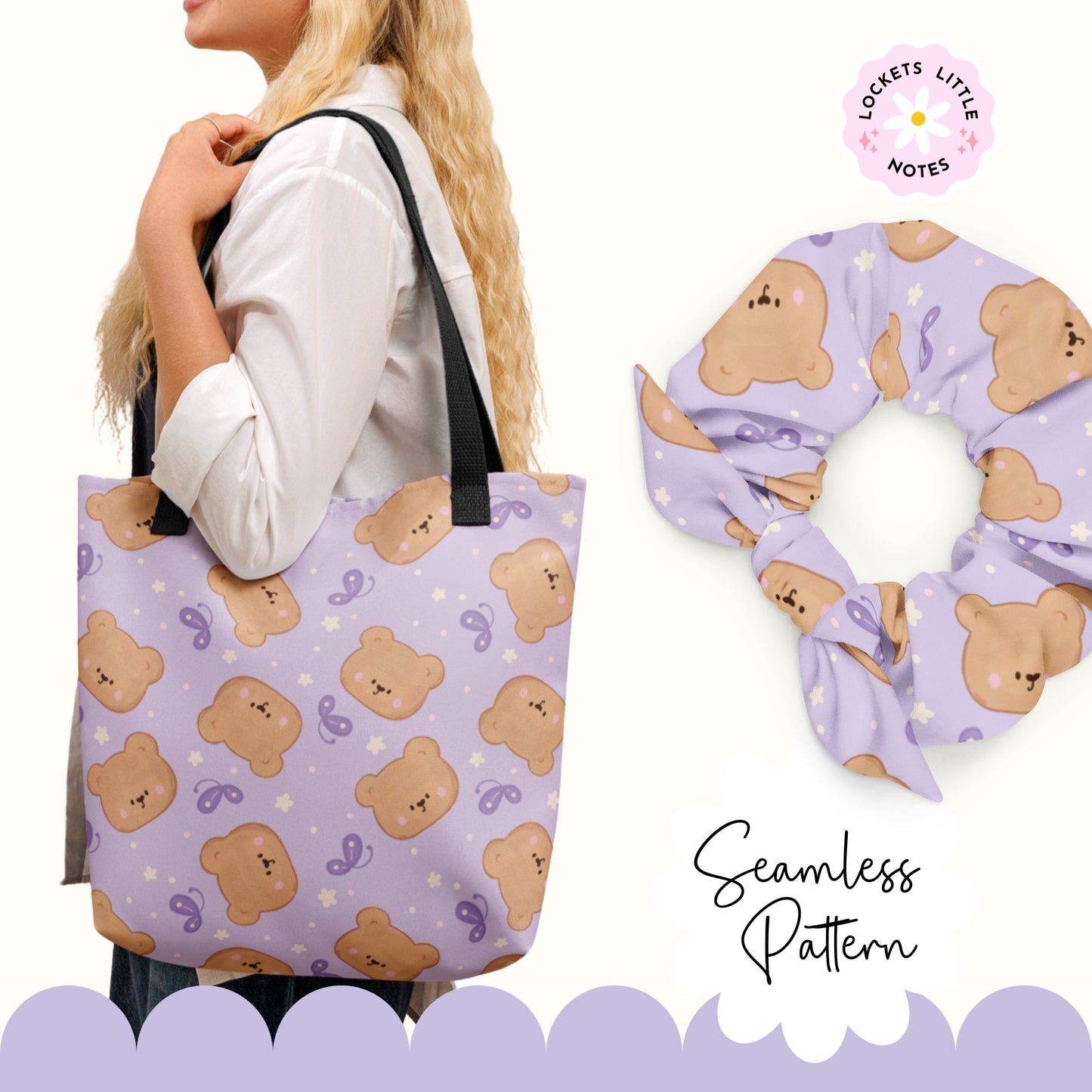 Seamless scatter pattern featuring cute hand-drawn bears and fluttering butterflies on a deep purple background. tote bag and scrunchie example
