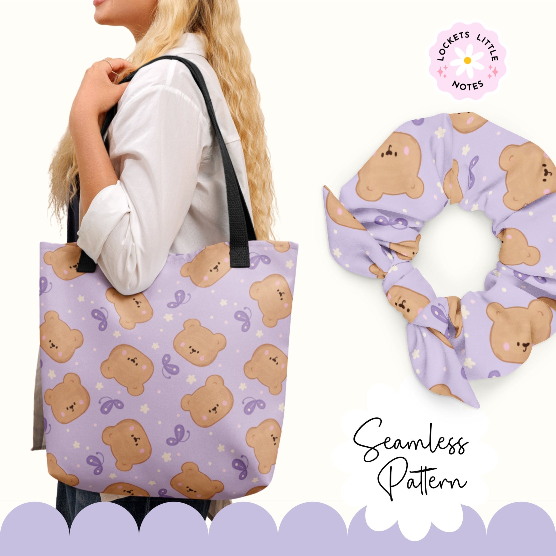 Seamless scatter pattern featuring cute hand-drawn bears and fluttering butterflies on a deep purple background. tote bag and scrunchie example
