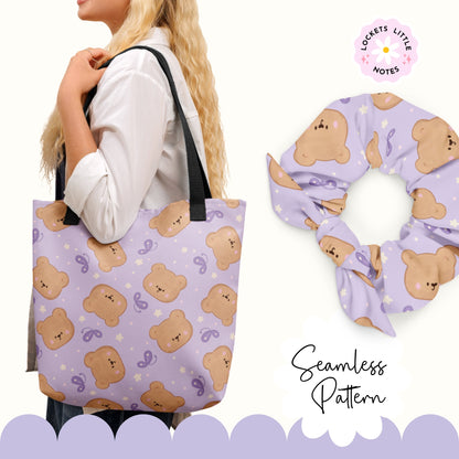 Seamless scatter pattern featuring cute hand-drawn bears and fluttering butterflies on a deep purple background. tote bag and scrunchie example
