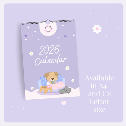 2026 Kawaii Pastel Wall Calendar. Cute Illustrated Monthly Planner
