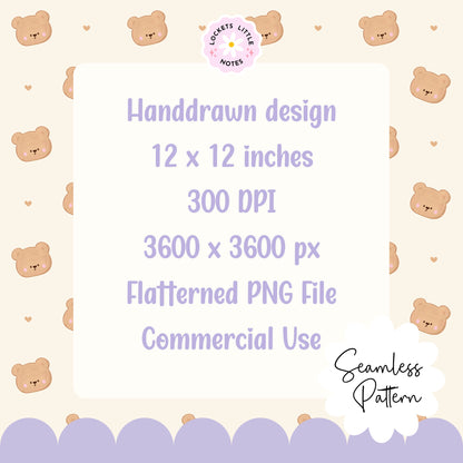 High-resolution seamless pattern tile featuring vintage-style brown teddy bears with dainty pink satin ribbons and bows on a clean cream background.