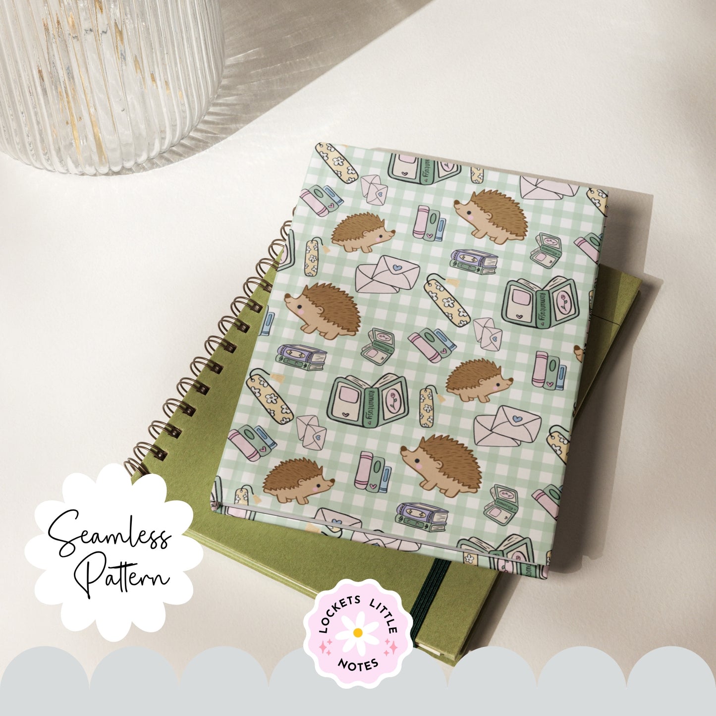 Cute Bookish Hedgehog Seamless Pattern | Green Gingham Library Book Stack Fabric Design | Digital Paper PNG | Digital Download