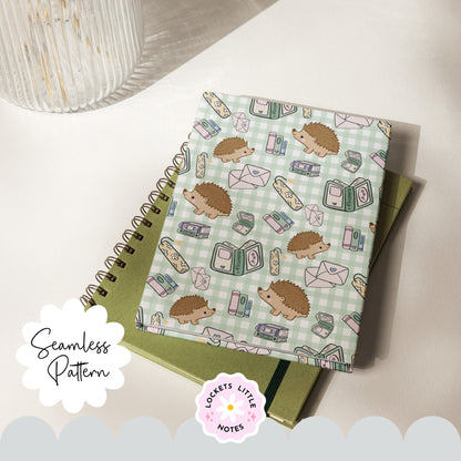 Cute Bookish Hedgehog Seamless Pattern | Green Gingham Library Book Stack Fabric Design | Digital Paper PNG | Digital Download