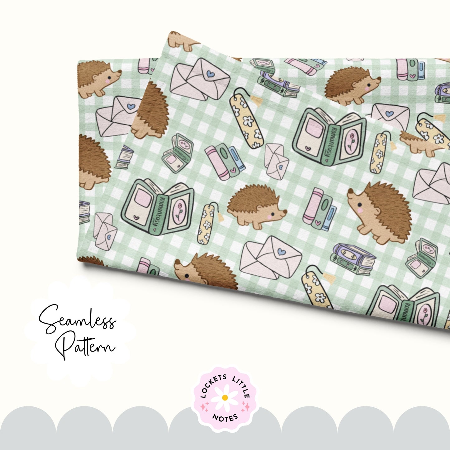 Cute Bookish Hedgehog Seamless Pattern | Green Gingham Library Book Stack Fabric Design | Digital Paper PNG | Digital Download