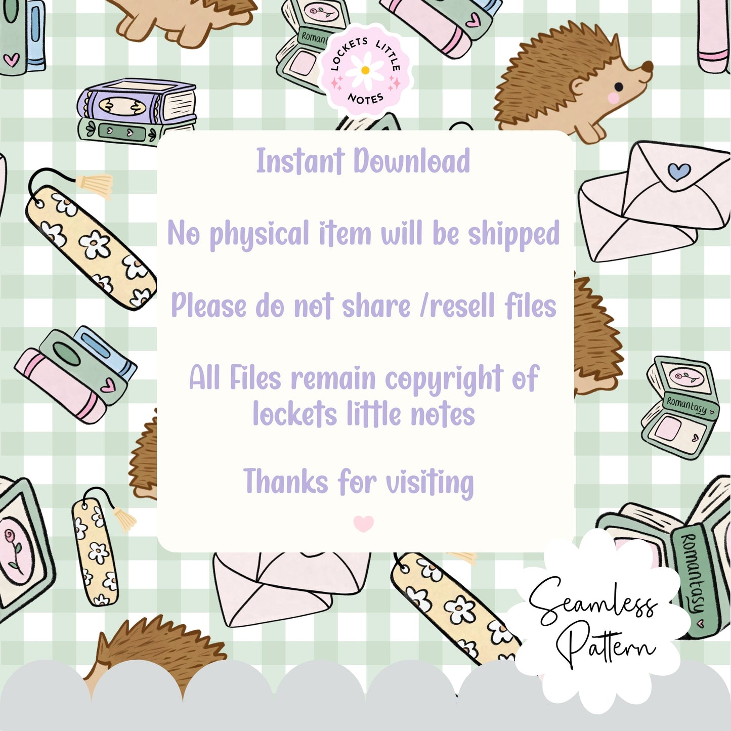 Cute Bookish Hedgehog Seamless Pattern | Green Gingham Library Book Stack Fabric Design | Digital Paper PNG | Digital Download