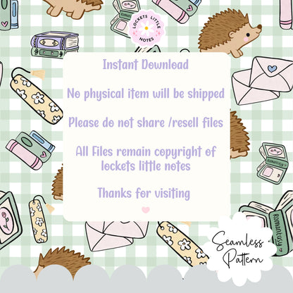 Cute Bookish Hedgehog Seamless Pattern | Green Gingham Library Book Stack Fabric Design | Digital Paper PNG | Digital Download