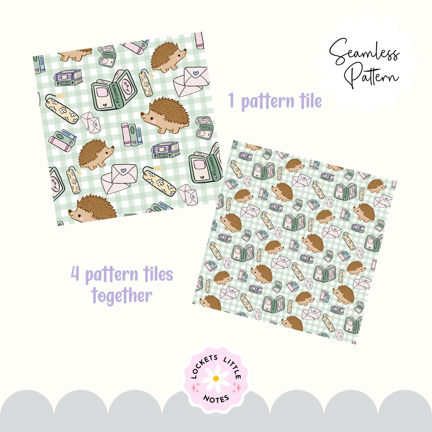 Cute Bookish Hedgehog Seamless Pattern | Green Gingham Library Book Stack Fabric Design | Digital Paper PNG | Digital Download