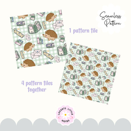 Cute Bookish Hedgehog Seamless Pattern | Green Gingham Library Book Stack Fabric Design | Digital Paper PNG | Digital Download