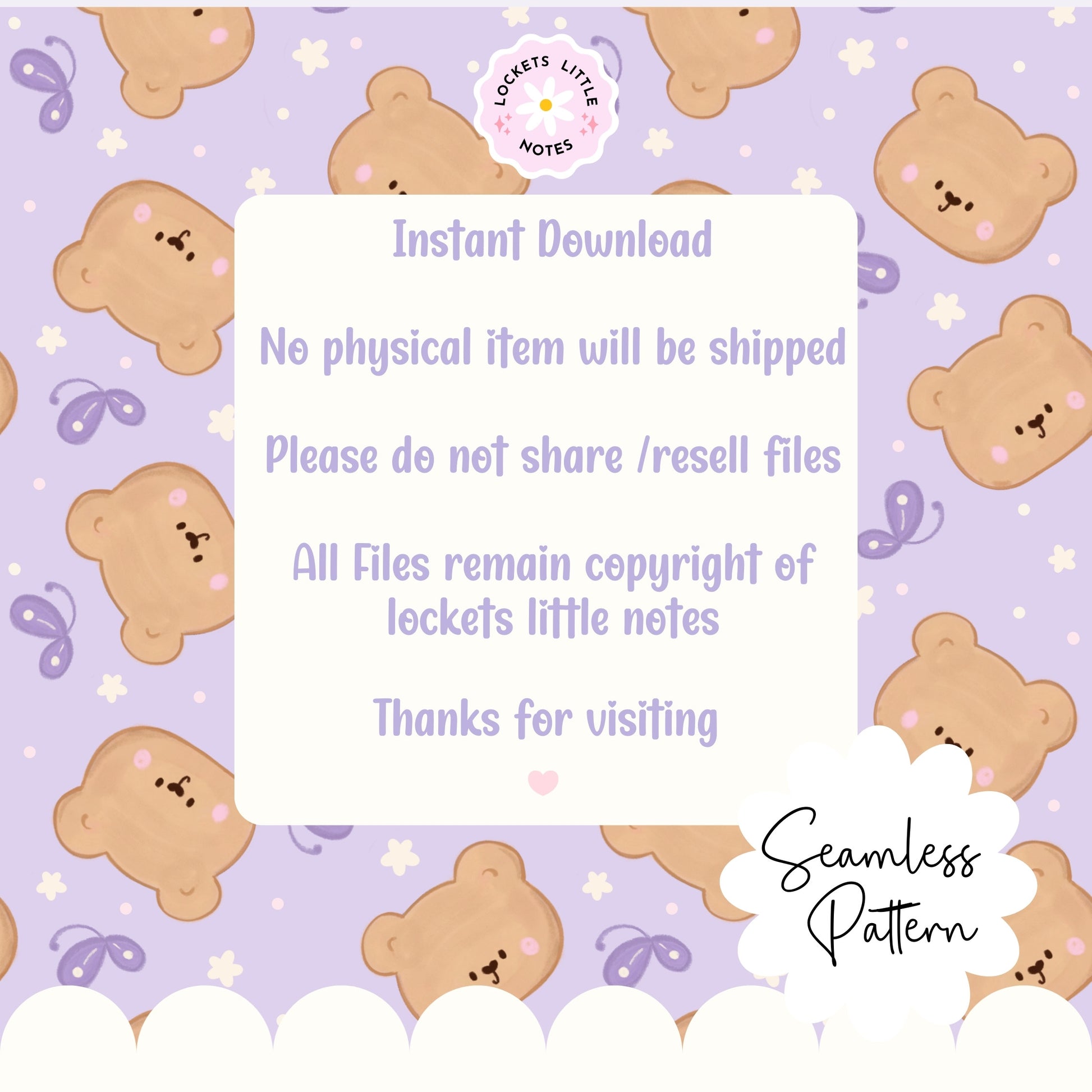 Seamless scatter pattern featuring cute hand-drawn bears and fluttering butterflies on a purple background. instant download
