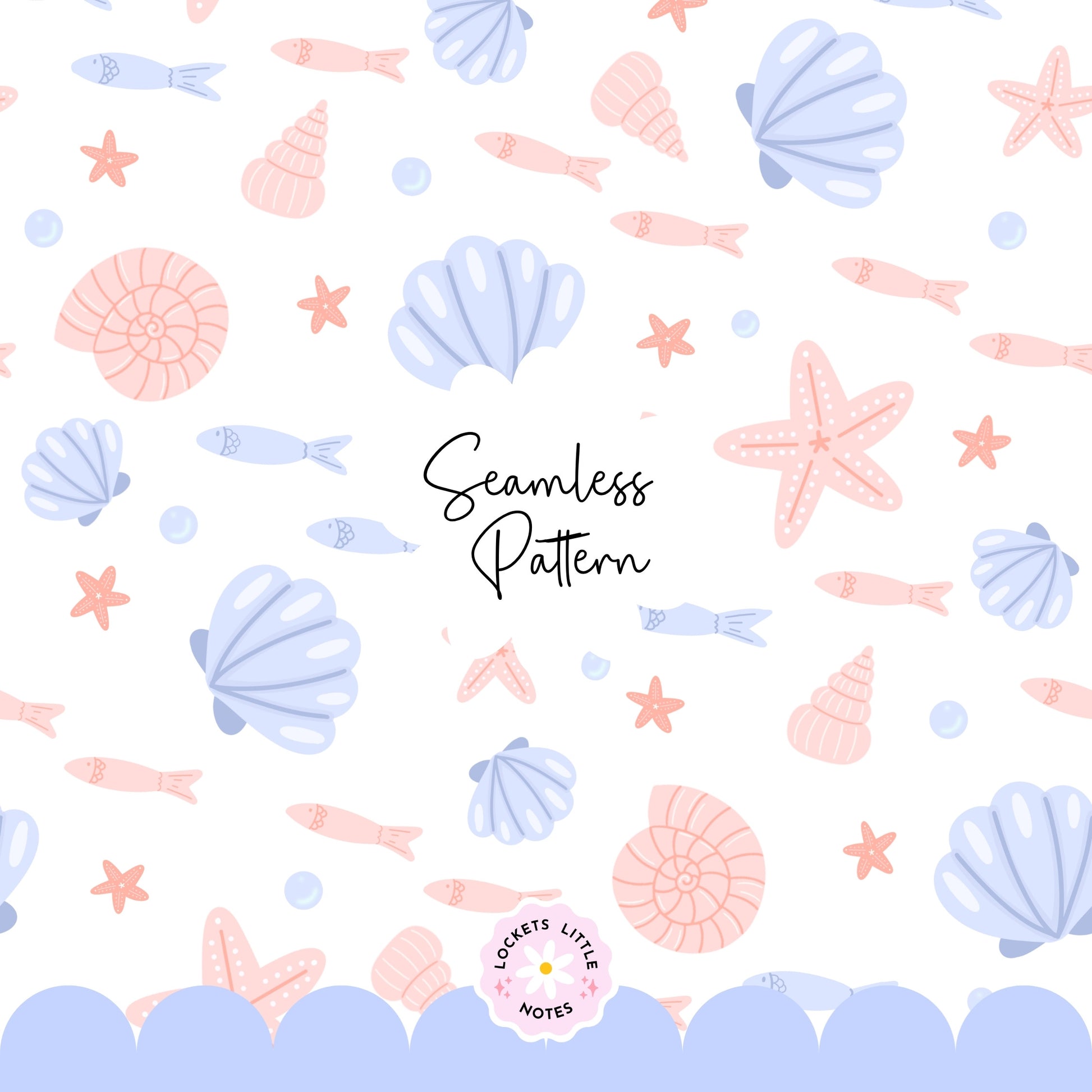 Seamless beach pattern featuring a soft summer blue background with a scatter of peachy pink clam shells, starfish, and swimming fish.