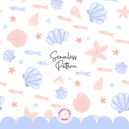 Seamless beach pattern featuring a soft summer blue background with a scatter of peachy pink clam shells, starfish, and swimming fish.