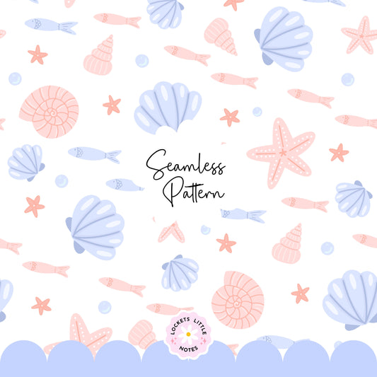 Seamless beach pattern featuring a soft summer blue background with a scatter of peachy pink clam shells, starfish, and swimming fish.