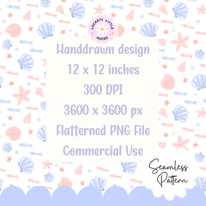 Seamless beach pattern featuring a soft summer blue background with a scatter of peachy pink clam shells, starfish, and swimming fish.