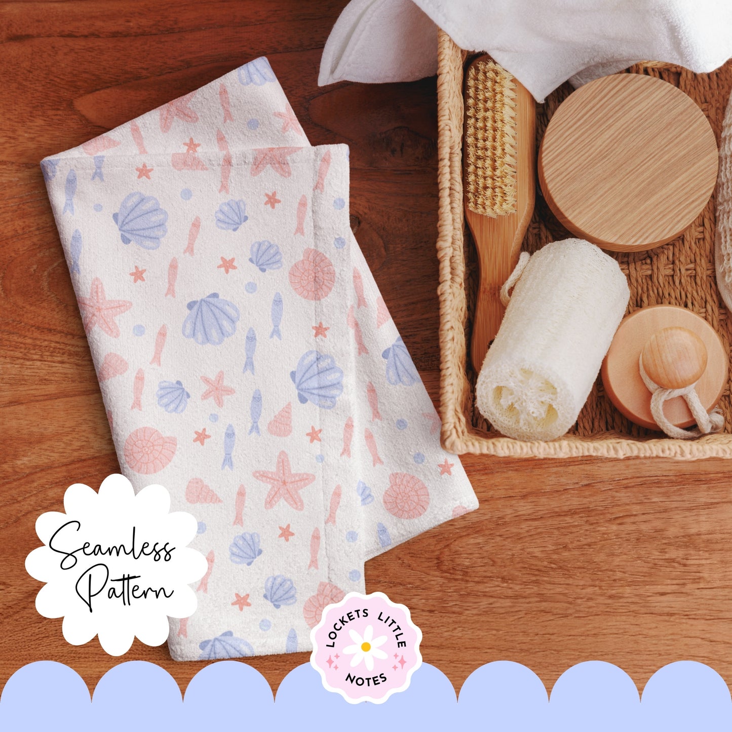 Seamless beach pattern featuring a soft summer blue background with a scatter of peachy pink clam shells, starfish, and swimming fish.
