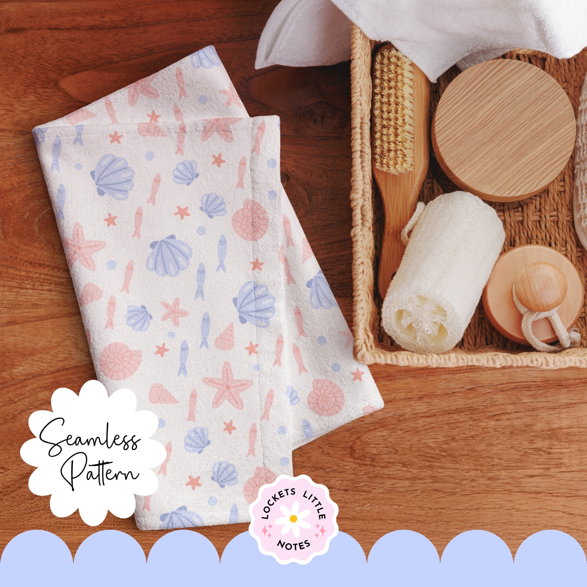 Seamless beach pattern featuring a soft summer blue background with a scatter of peachy pink clam shells, starfish, and swimming fish.